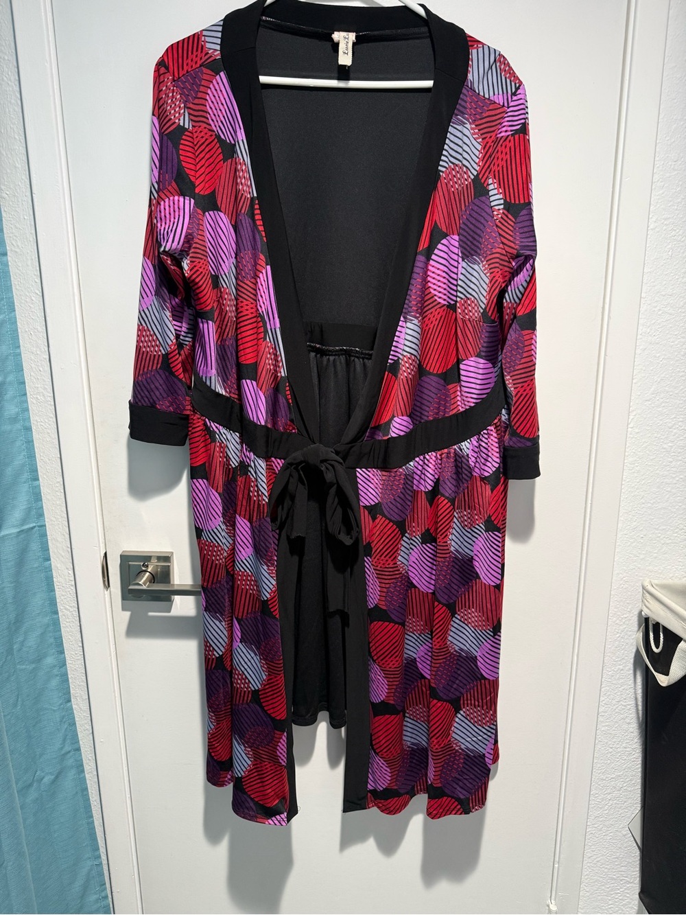 Printed Tie-Waist Robe - Black with Red & Purple Geo Print